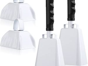 4 Pcs Cowbell with Handle Metal Cheering Bell Loud Cow Bells Football Game Noise Makers Musical Large and Small Hand Percussion Cowbells Set Instrument for Wedding School Sports Kids Party (White)
