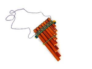 Natural Bamboo Wooden Pan Flute Pipe with Multicolored Tribal Print Woven Cotton Strap - Handmade Woodwind Gifts Peruvian Musical Instrument (Small)