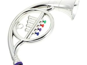 FOMIYES Saxophone Kids Trumpet French Horn Tuba Toys Musical Wind Instruments Metallic Silver Trumpet Horn with 4 Colored Keys Performance Prop Tuba