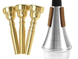 4Pcs Yootones Trumpet Mouthpiece (3C 5C 7C) with Trumpet Mute Silencer Compatible with Yamaha Bach Conn King Trumpet Replacement Musical Instruments Accessories (Gold)