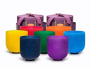 TOPFUND Chakra Set of 7 Colored Crystal Singing Bowls with Heavy Duty Carrying Cases 6-10 inch Singing Bowl Rubber Mallet and Suede Strikers
