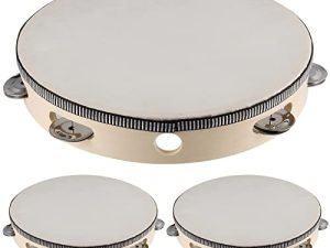 SINJEUN 3 Pack 10 Inch Tambourine for Adults Wooden Tambourine