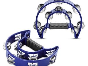 Flexzion Tambourine Metal Half Moon Musical Instruments Double Row Metal Jingles Hand Held Instruments Percussion with Ergonomic Handle Grip