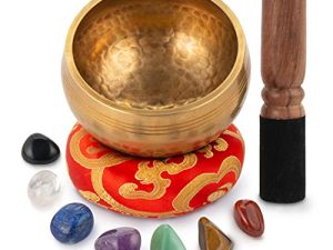 Tibetan Singing Bowl Set - Easy To Play for Beginners - Authentic Handcrafted Mindfulness Meditation Holistic Sound Bowl 7 Chakra Healing Gift by Himalayan Bazaar (4 Inch with Chakra Stones)