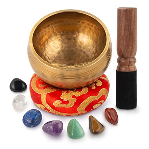 Tibetan Singing Bowl Set - Easy To Play for Beginners - Authentic Handcrafted Mindfulness Meditation Holistic Sound Bowl 7 Chakra Healing Gift by Himalayan Bazaar (4 Inch with Chakra Stones) Tibetan Singing Bowl Set - Easy To Play for Beginners - Authentic Handcrafted Mindfulness Meditation Holistic Sound Bowl 7 Chakra Healing Gift by Himalayan Bazaar (4 Inch with Chakra Stones)