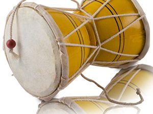 Handmade Wooden & Leather Classical Indian Folk Dumroo Damroo Damaru Hand Drum Set Percussion Decorative Collectible Showpiece World Musical Instruments (Yellow)
