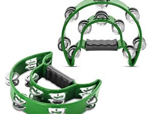 Flexzion Tambourine Metal Half Moon Musical Instruments Double Row Metal Jingles Hand Held Instruments Percussion with Ergonomic Handle Grip