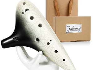 MIFOGE Ocarina 12 Hole Tones Alto C with Gift Wrapping Display Stand Neck Cord Protective Cover Song Book Masterpiece Collectible Music Instrument Gift Idea For Kids Musician(Black with White)