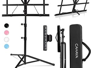 CAHAYA 2 in 1 Dual Use Extra Stable Reinforced Folding Sheet Music Stand & Desktop Book Stand Lightweight Portable Adjustable with Carrying Bag