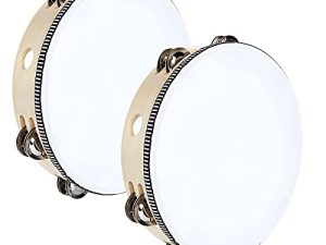 2 Pack 10 inch Tambourine for Adults Wooden Tambourine Hand Held Tambourine Metal Jingles Single Row Instrument Handheld Tambourine Drum for Church