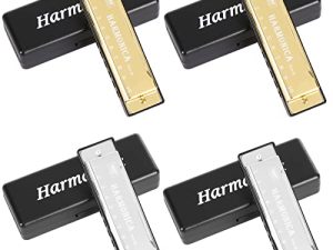 UPINS 4PCS Key of C 10 Hole 10 Tones Titanium Color Harmonica with Case for Beginner Students Kids(Gold