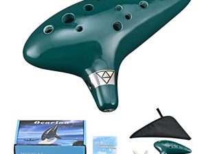 Ocarina 12 Holes Alto C Ceramic Ocarinas with Display Stand Song Book Neck-Strap Bag (Dark Green)