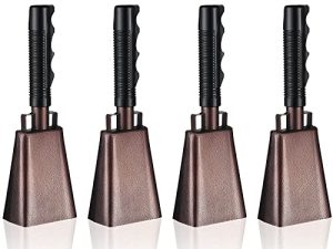 4 Pcs Cow Bells Noise Makers Steel Cowbell with Handle Hand Percussion Cowbells Loud Football Bell Musical Cowbell Instrument Cheering Bell Large Solid School Bells for Sports Events