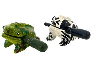 Cozinest Pair Wooden Frogs Guiro Rasp Percussion Instruments Tone Block Thailand Craft Small Wood Frog Musical Instrument 2 Inch (Green Army and Zebra)