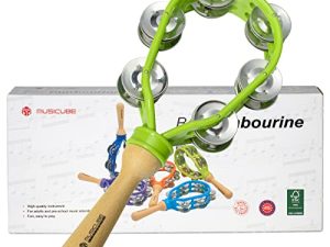 MUSICUBE Tambourine for Adults Hand Held Percussion Tambourine for Kids Plastic Wooden Musical Bells for Church Party (GREEN)