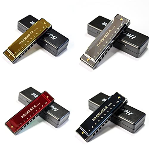 YOKSAS 4PCS Harmonicas Key of C 10 Hole Titanium Harmonica Instrument with Case Polishing Cloth Best Gift for Adults Beginner Students Kids (Gold YOKSAS 4PCS Harmonicas Key of C 10 Hole Titanium Harmonica Instrument with Case Polishing Cloth Best Gift for Adults Beginner Students Kids (Gold