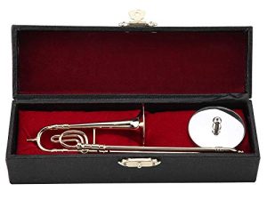 Trombon Miniatura Trombone Ornament Miniature Musical Instrument Trombone Model With Supoort & Case For Dollhouse Music Room Decoration