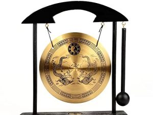 Chinese desktop gong Fengshui Mini table top gong Attached mallet Chan sect Musical Instruments Family decorations Holiday gifts Attached red rope bracele (Double Dragons)