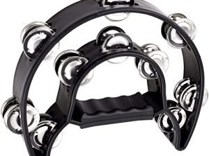 Half Moon Tambourine - Musical Instrument Percussion with Steel Jingle Bells for Drum & Guitar Playing - Black