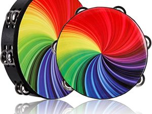 Coloch 2 Pack Wood Radiant Tambourine with Double Row Jingles