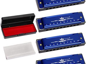 UPINS 4PCS Key of C Blues 10 Hole 20 Tones Titanium Color Harmonica with Case Cleaning Cloth for Beginner Students Kids (Blue)