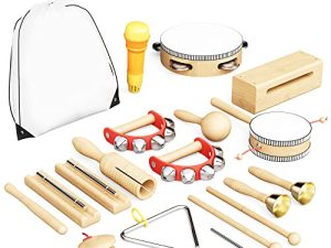 Gekko and Co. 10-Piece Kids Musical Instruments for Toddlers 18 Months+ | Toddler Toys Natural Wood Percussion Instruments Set – Bundled with Storage Bag and Plastic Echo Microphone for Kids