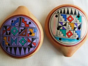 Two Large Peruvian Ocarina. Musical Instrument.purple and Tan.