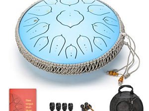 Sky Blue 15 Notes 14 Inches Steel Tongue Drum Healing Drum Wide Range Steel Drum with Carrying Bag & Mallets