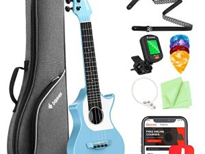Donner Ukulele Blue Carbon Fiber LP 23 Inch Travel Starter Bundle Kit with Free Online Lesson Gig Bag Strap Nylon String Tuner Picks Cloth DCF-200 Professional Ukelele