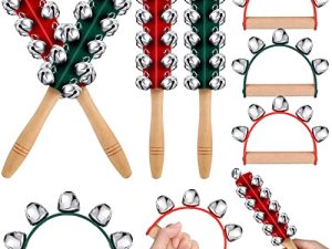 8 Pieces Christmas Handle Sleigh Bells Wooden Hand Bells Handhold Shaker Bells Musical Percussion Instrument for Christmas Holiday Music Party Decoration Birthday Gifts
