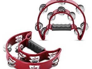 Flexzion Tambourine Metal Half Moon Musical Instruments Double Row Metal Jingles Hand Held Instruments Percussion with Ergonomic Handle Grip