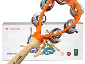 MUSICUBE Tambourine for Adults Hand Held Percussion Tambourine for Kids Plastic Wooden Musical Bells for Church Party (ORANGE)