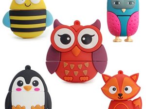 LEIZHAN 5X8GB Cute Animals USB Flash Drive with Chain Bee Fox Owls Penguin Pen Drive Gifts for School Kids and Students(Pack of 5 Animals)