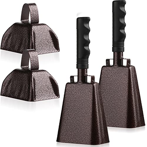 4 Pcs Cowbell with Handle Metal Cheering Bell Loud Cow Bells Football Game Noise Makers Musical Large and Small Hand Percussion Cowbells Set Instrument for Wedding School Sports Kids Party (Brown) 4 Pcs Cowbell with Handle Metal Cheering Bell Loud Cow Bells Football Game Noise Makers Musical Large and Small Hand Percussion Cowbells Set Instrument for Wedding School Sports Kids Party (Brown)