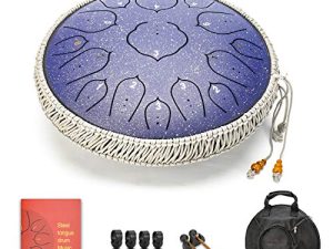 Blue 15 Notes 14 Inches Steel Tongue Drum Healing Drum Wide Range Steel Drum with Carrying Bag & Mallets