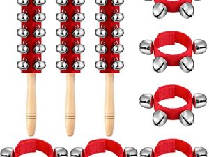 9 Pcs Christmas Sleigh Bells Red Wrist Bells Musical Wooden Handheld Bells Shaker Bells for Party Favors Family Gatherings Gift