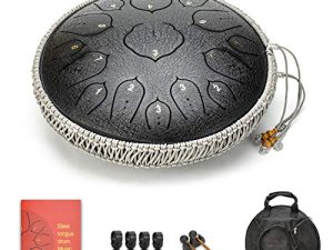 Black 15 Notes 14 Inches Steel Tongue Drum Healing Drum Wide Range Steel Drum with Carrying Bag & Mallets Edge Strings Color is Random