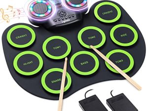 Electronic Drum Kit 9 Pads Roll-up Practice Drum Set With Colorful Lights for 8h Playing With Built-in Speaker