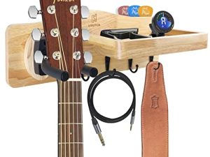 HPGJLEE Natural Solid Wood Guitar Wall Mount-Guitar Hanger with Shelf and Pick Holder-Guitar Holder