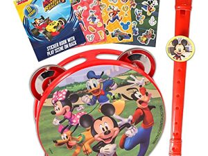 Classic Disney Disney Mickey Mouse and Flute Recorder Bundle - Mickey Roadster Musical Flute and Mickey Tambourine with Additional Stickers Beginner Instruments