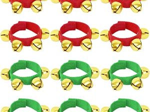 Augshy 12 Packs Christmas Wristbands Jingle Bells with Gold Bells