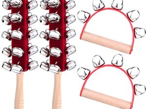 MIAHART 4 Pieces Christmas Hand Jingle Bells Wooden Hand Sleigh Bells Jingle Shaker Bells Handhold Bell Rattles Musical Bell Instruments for Kids Handheld Bells Holiday Christmas Décor