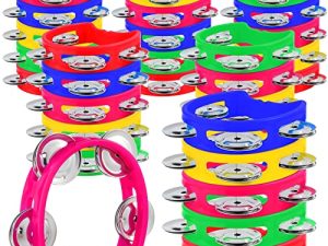 MIAHART 32 Pack Christmas Hand Tambourine Noise Makers Tambourine 4 Bells Plastic Colored Handheld Tambourines Musical Rhythm Instrument for Adults Kids Christmas Party Decoration Favors